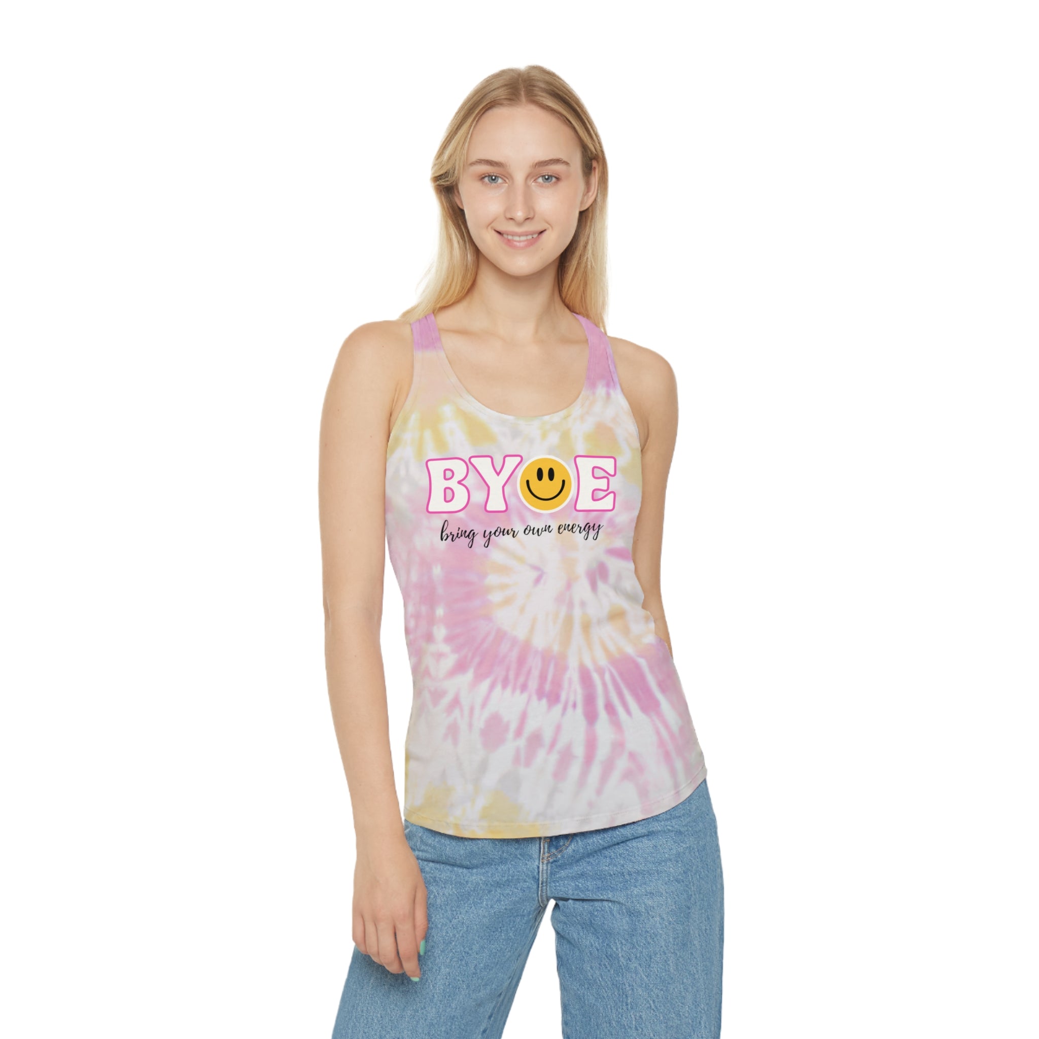 BYOE Bring Your Own Energy Tie Dye Racerback Tank Top | Callie Gulikson quote tank top